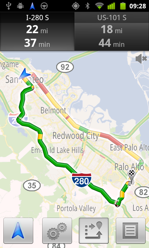 Google Maps Navigation showing driving times based on the real-time traffic conditions